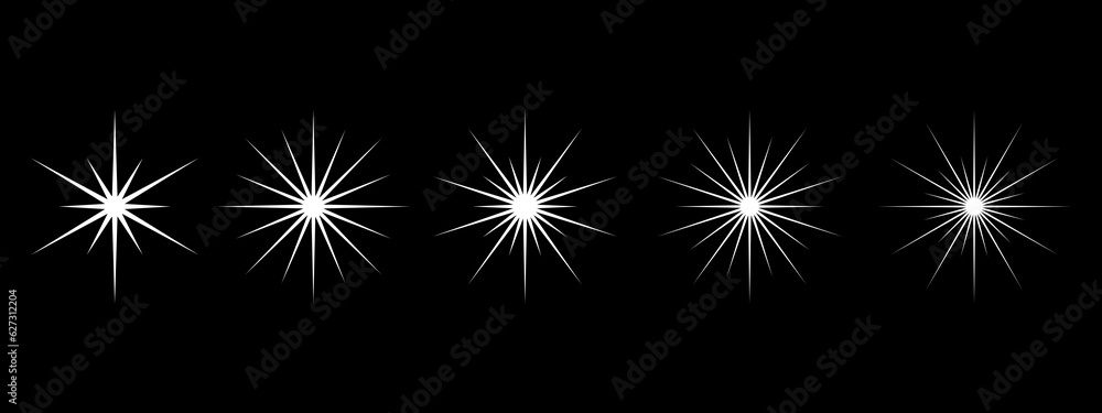 Collection of white sparkles. Set of decorative sparkles. Vector illustration of ornamental stars for decorations