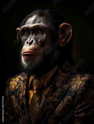 A character portrait of a Chimpanzee dressed in an elegant and formal business suit.