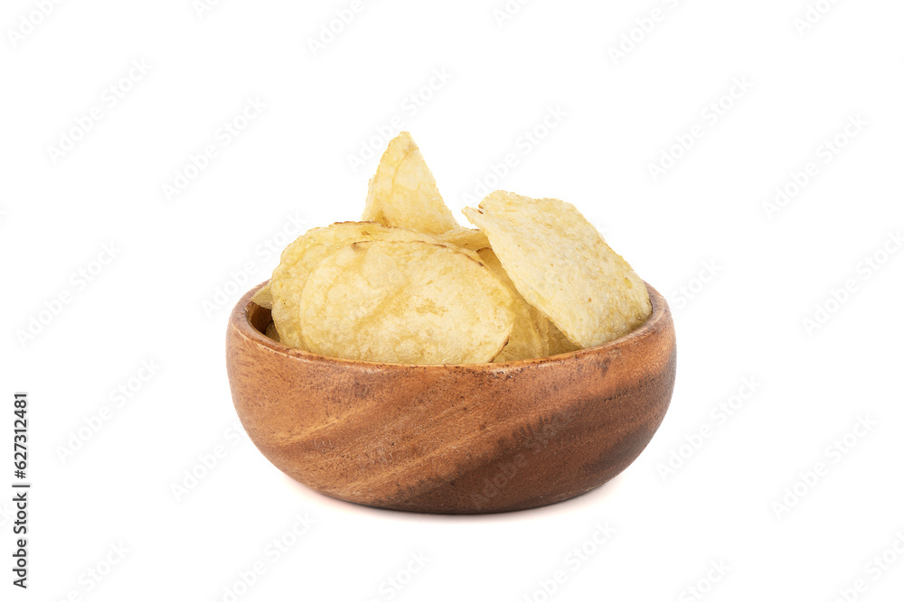 Potato chips in a wooden bowl are good for beer or ale snacks on a white background. Potato chips in a wooden bowl are good for beer or ale snacks on a white background.