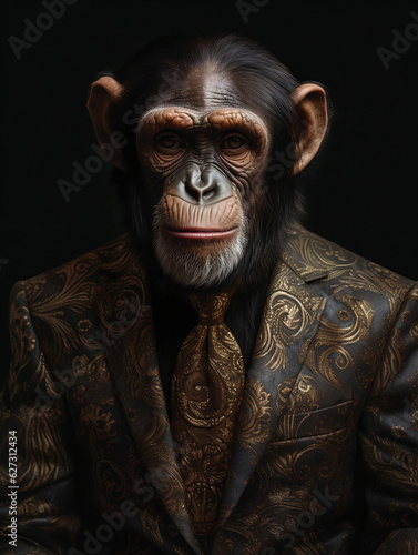 A character portrait of a Chimpanzee dressed in an elegant and formal business suit. © Much