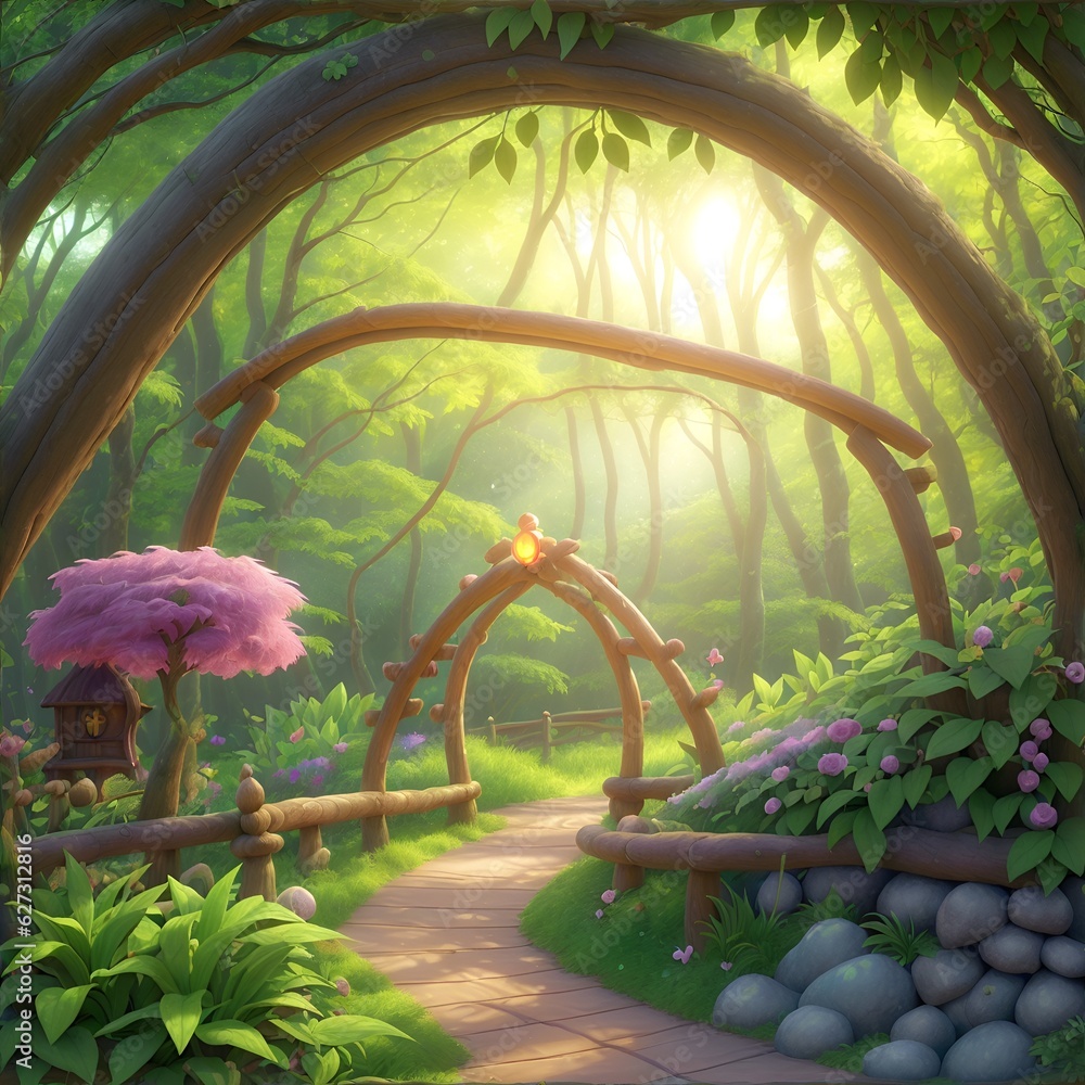 The image depicts a garden archway with a purple flower bush on the right side and a lantern hanging from a tree on the left. A path leads through the archway, and a butterfly is flying above. The image depicts a garden archway with a purple flower bush on the right side and a lantern hanging from a tree on the left. A path leads through the archway, and a butterfly is flying above.