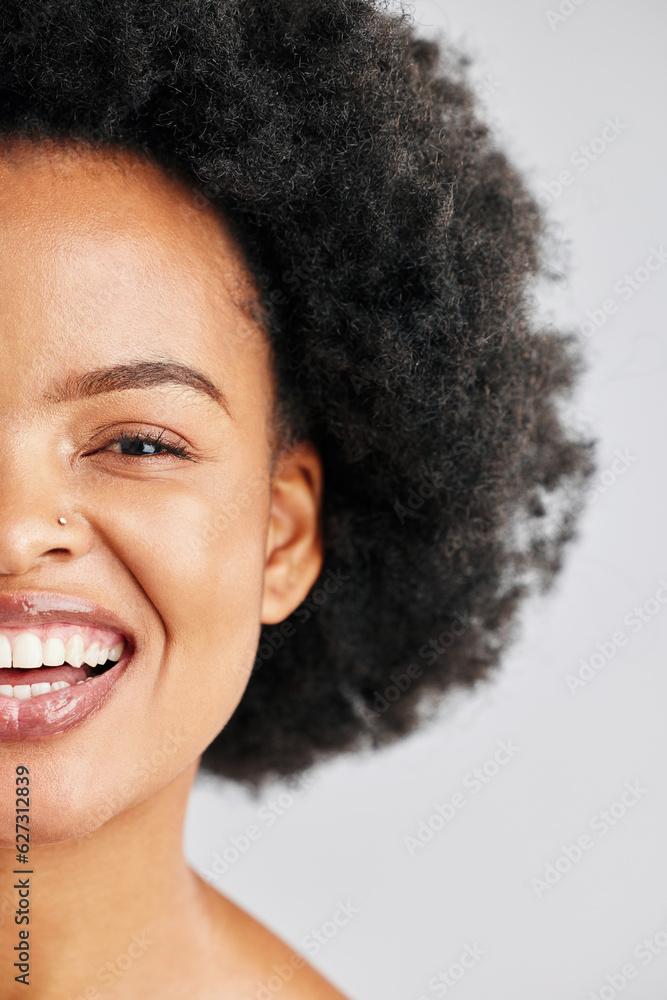 Skincare portrait, afro and African happy woman with studio beauty, skin cosmetics glow or healthy hair texture. Half face makeup, comedy humour joke and wellness person laughing on white background Skincare portrait, afro and African happy woman with studio beauty, skin cosmetics glow or healthy hair texture. Half face makeup, comedy humour joke and wellness person laughing on white background