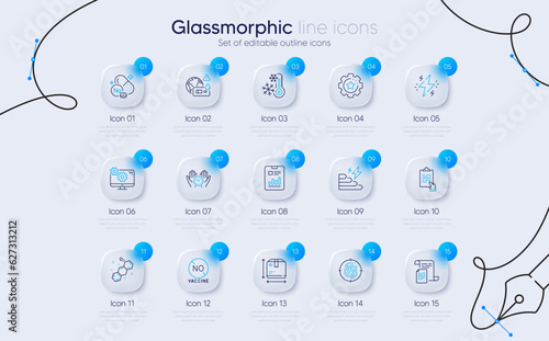 Set of Power, Consumption growth and Fingerprint line icons for web app. Box size, Sodium mineral, Settings icons. Chemical formula, Safe time, Report document signs. Settings gear. Vector