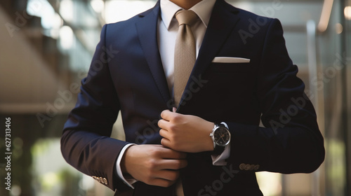 a businessman in a suit and tie buttoning his tux created by generative AI