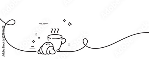 Coffee break line icon. Continuous one line with curl. Breakfast hot tea sign. Coffee time symbol. Coffee break single outline ribbon. Loop curve pattern. Vector