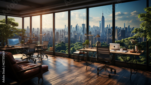 Coworking Office Interior With Workplace, Wooden Floor, Concrete Walls And Window With New York City