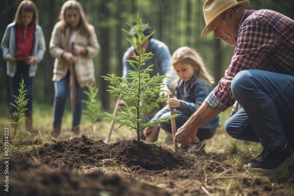 A diverse family honors a loved one's memory by jointly planting a tree in a serene forest, symbolizing life, love, and legacy