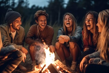 Joyous group of millennials laughing and bonding around a campfire, embodying friendship and fun during a wilderness camping adventure, generative ai