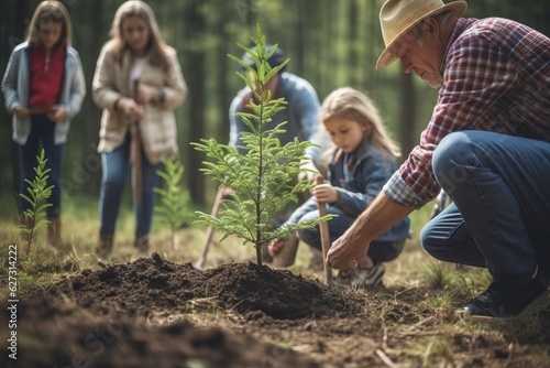 A diverse family honors a loved one's memory by jointly planting a tree in a serene forest, symbolizing life, love, and legacy photo