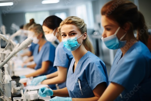 Candid shot of a group of student nurses immersed in training at college, medical colleagues, generative ai