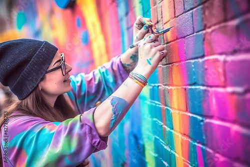 Street artist engaged in painting a vibrant, colorful mural on a brick wall, bringing an urban space to life with art, generative ai
