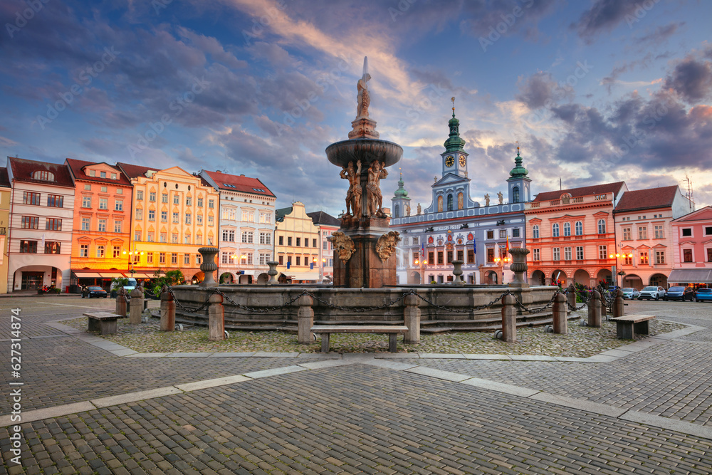 Ceske Budejovice, Czech Republic. Cityscape image of downtown Ceske Budejovice, Czech Republic with Premysl Otakar II Square and Samson Fountain at summer sunset.