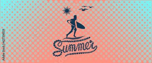Summer background with logo. Silhouette of man with surf and rope text on dotted background. Pink and light blue pattern in minimalist style 