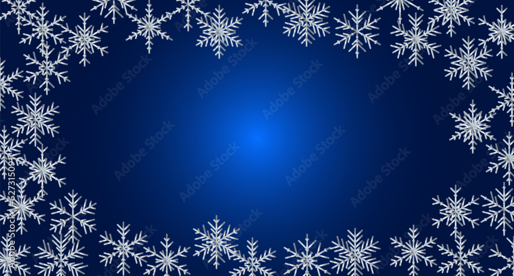 Christmas white snowflakes blank frame illustration. Greeting card dark blue winter background with copy space. Happy New Year.