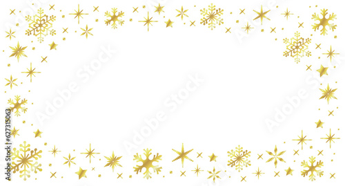 Christmas golden snowflakes blank frame illustration. Greeting card winter background with copy space. Happy New Year.