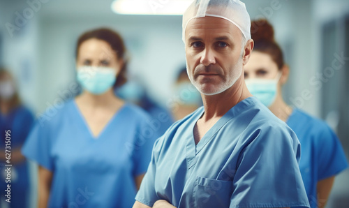 A serious-looking doctor gazes directly into the camera, while nurses in the background wear masks and also make eye contact with the lens. This scene is set in a hospital corridor.
