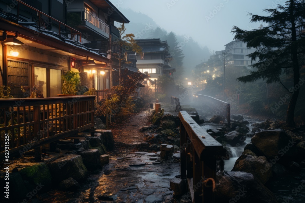 Obraz premium Traditional Onsen Hot Spring Town, Generative AI