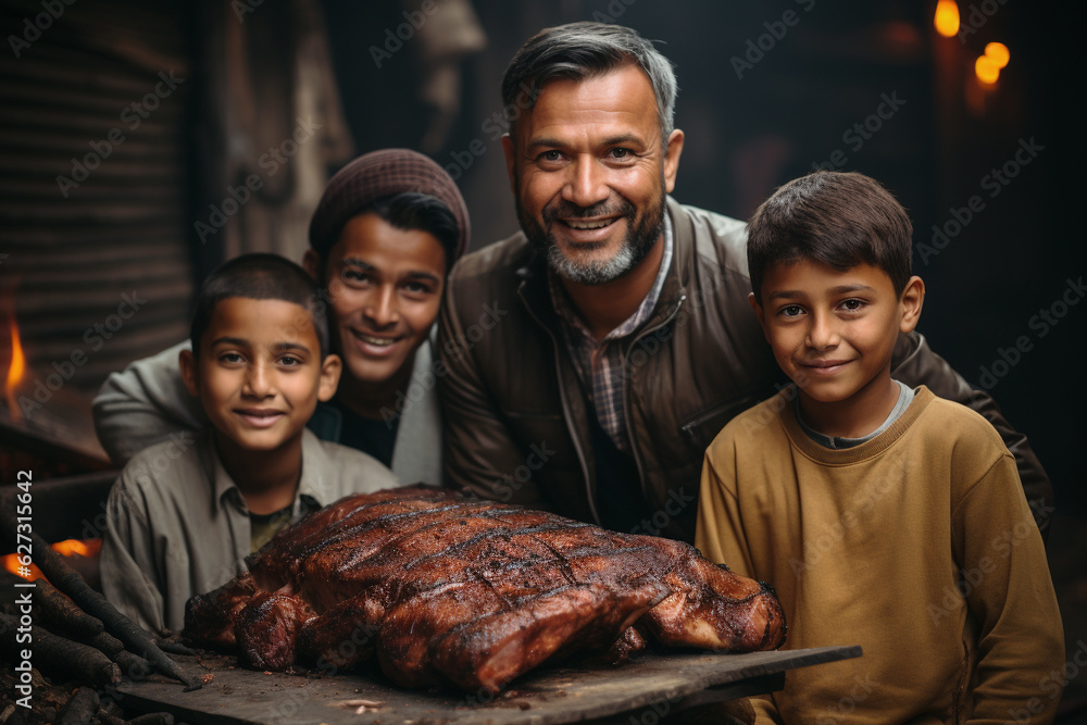 Muslim family sharing the meat of sacrifice of a lamb, severed artery