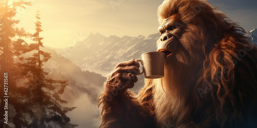 Bigfoot drinking a hot cup of coffee with scenic mountain view. Generative AI photo