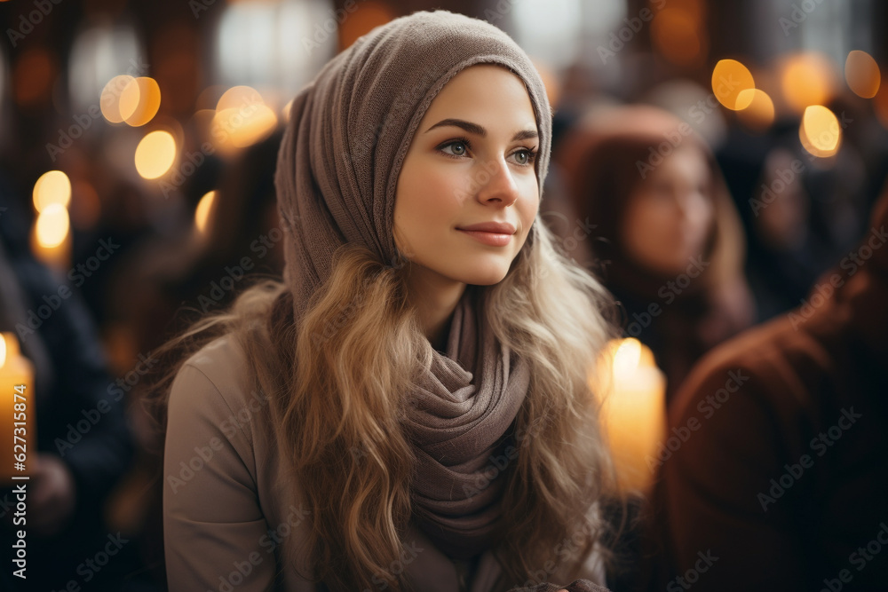 Muslim woman praying for Allah muslim god at room crowd background