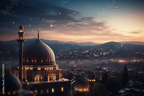 Fotografija mosque dome mosque light of hope arabic islamic architecture and half moon and the sky has stars, islamic religion symbols