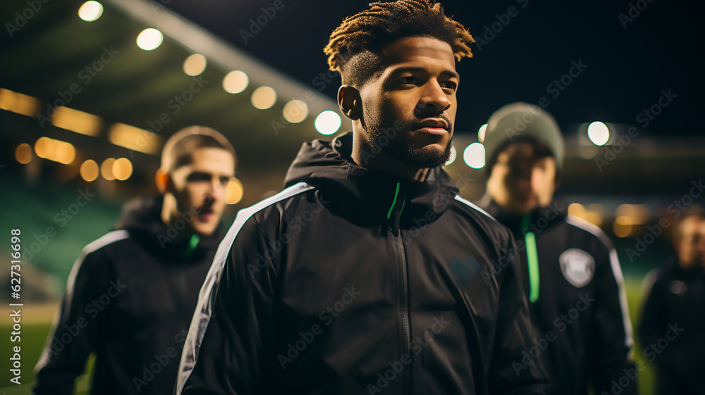 soccer players at stadium before training or game at night soccer players at stadium before training or game at night
