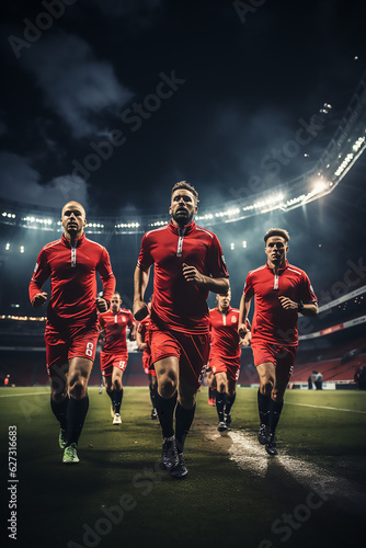 soccer players at stadium before training or game at night