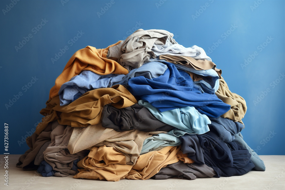 Fototapeta premium Cloth retail material textile collection buy fabric pile fashion stack blue dirty laundry clean background