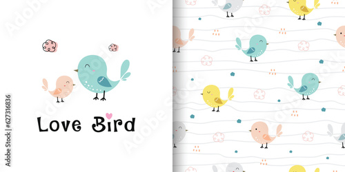 Seamless pattern with cute bird. Cute animal cartoon background. Design for print, fabric, textile, wallpaper, wrapping. Vector Illustration