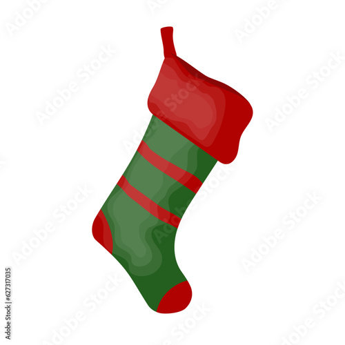 Christmas sock stocking icon green with red with stripes isolated on transparent and white background. Doodle close-up element for holiday design. Festive vector illustration in cartoon flat style.