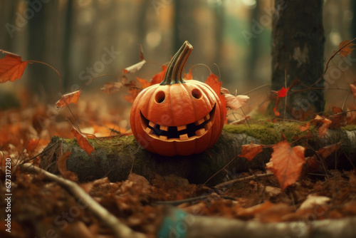 Smiling Halloween pumpkin in a autumn forest. Celebration, holiday concept