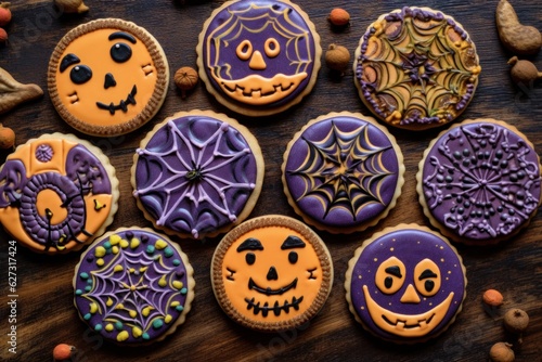 Halloween cookies with different patterns on a wooden table