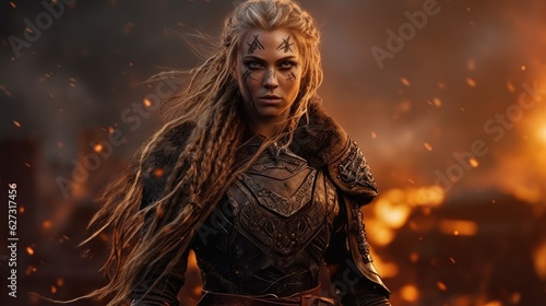 Fotografie, Obraz Fierce Viking warrior girl, Braided hair, untamed spirit, bravery, Battlefield on fire behind her, Generative AI