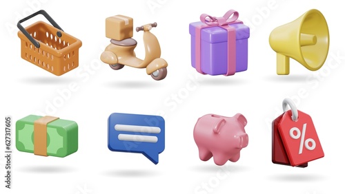 Online shop 3d render realistic vector icon set. Basket, delivery, gift, promotion, payment, chat, bonus, discounts