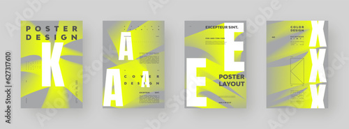 Poster design set. Vertical A4 format. Modern placard collection. Strict and discreet brochure. Yellow letter composition with abstract smoke effect.