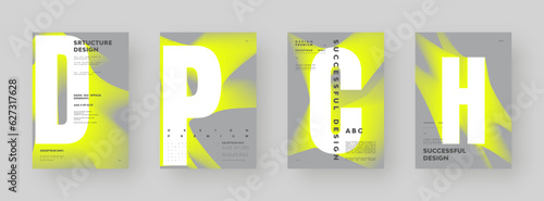 Poster design set. Vertical A4 format. Modern placard collection. Strict and discreet brochure. Yellow letter composition with abstract smoke effect.