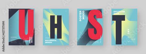 Poster design set. Vertical A4 format. Modern placard collection. Strict and discreet brochure. Colorful letter composition with abstract smoke effect.
