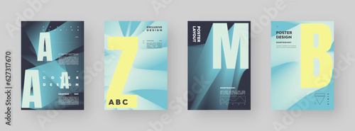 Poster design set. Vertical A4 format. Modern placard collection. Strict and discreet brochure. Colorful letter composition with abstract smoke effect.