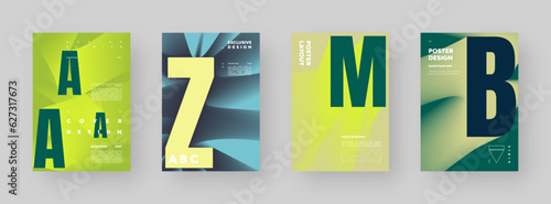Poster design set. Vertical A4 format. Modern placard collection. Strict and discreet brochure. Colorful letter composition with abstract smoke effect.
