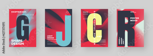 Poster design set. Vertical A4 format. Modern placard collection. Strict and discreet brochure. Colorful letter composition with abstract smoke effect.