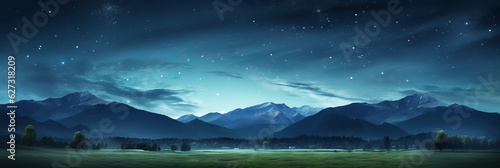 Panoramic natural landscape with a green grass field  night sky with stars  and mountains in the background. Panorama summer spring meadow. Generative AI.