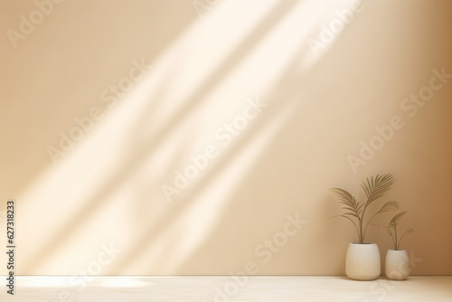 Minimalist abstract gentle light beige background for product presentation with light and intricate shadow from the window and vegetation in the pot. Generative AI.