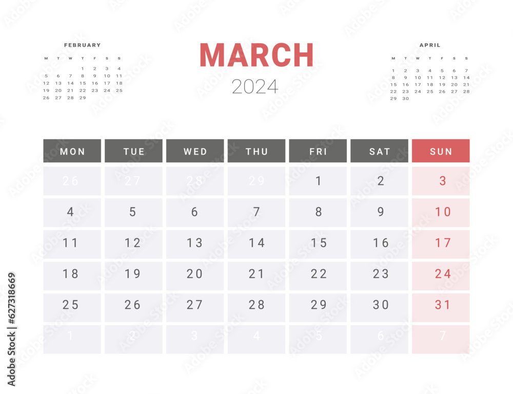 Calendar Template of march 2024. Vector layout simple calendar with week start Monday. Calendar Template of march 2024. Vector layout simple calendar with week start Monday.