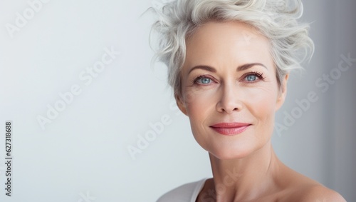 A beautiful adult woman, pleasant to look at against a background of gray-white and dark shade. An old or elderly woman looks into the camera, smiling eyes of a light shade.