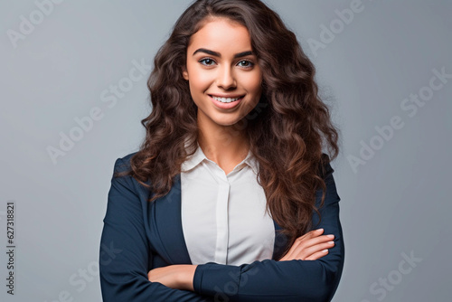 Young business woman portrait, Smiling student girl with long hair studio shot, Isolated on gray background