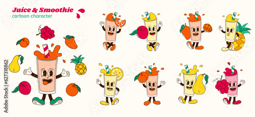 Set of comic cartoon characters of orange, apple, pineapple, mango, lemon, lemonade, peach, pear, grape smoothie or juice. Isolated vector illustration of hand drawing mascots cocktail in retro style