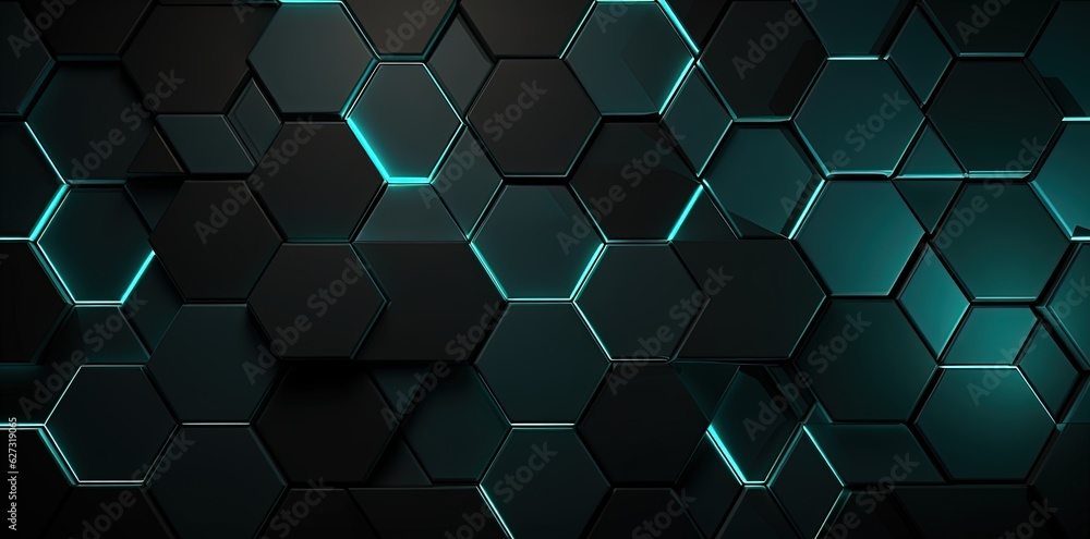Fototapeta premium Hexagonal background with neon light, game wallpaper for setup. Generative AI