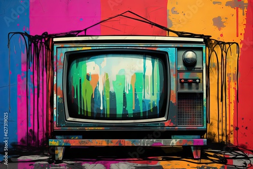 Old TV illustration on colorful background, 80s and 90s concept. Generative AI