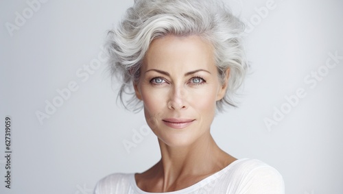 A beautiful adult woman, pleasant to look at against a background of gray-white and dark shade. An old or elderly woman looks into the camera, smiling eyes of a light shade.