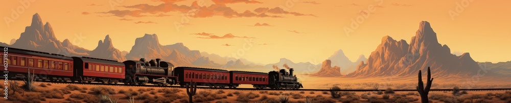 Wild west landscape with steam train and canyons in the background. Generative AI